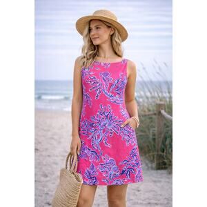 Lilly Pulitzer Pink Blue Coral Reef Cotton Shift Dress Size 10 Sleeveless Resort